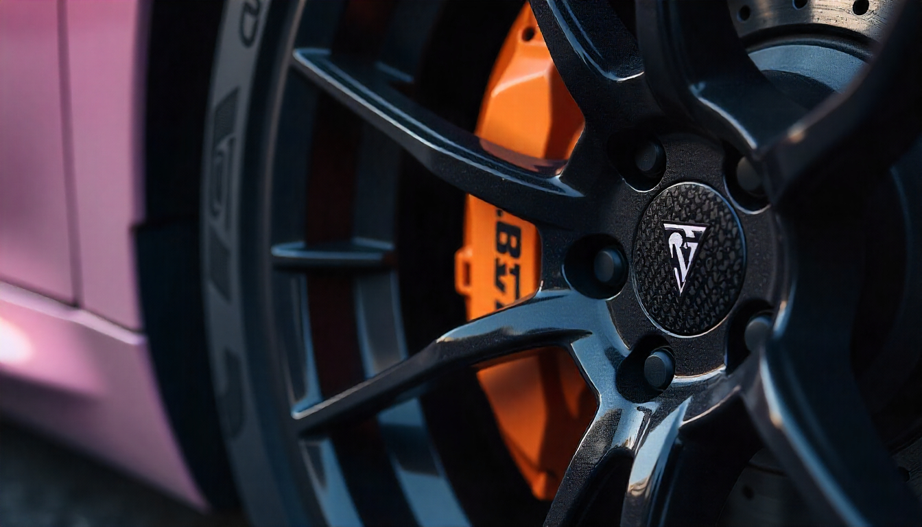 Close-up of carbon fiber tire valve caps on a sports car wheel highlighting the premium woven texture and luxury automotive detail