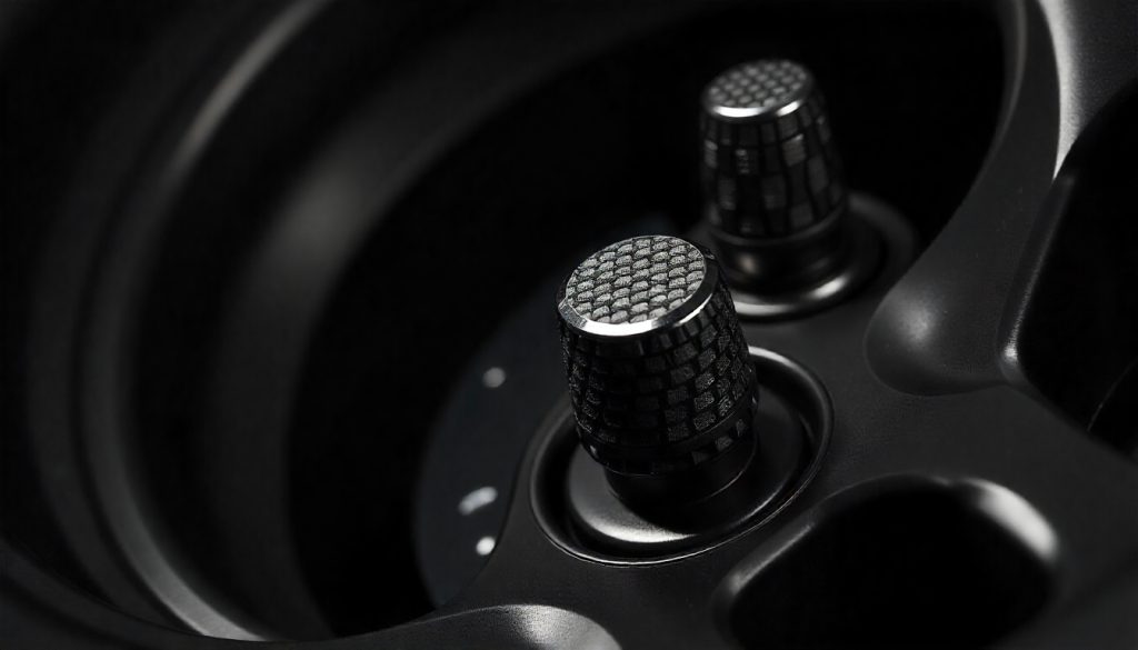 Close-up of carbon fiber tire valve caps on a sports car wheel highlighting the premium woven texture and luxury automotive detail

