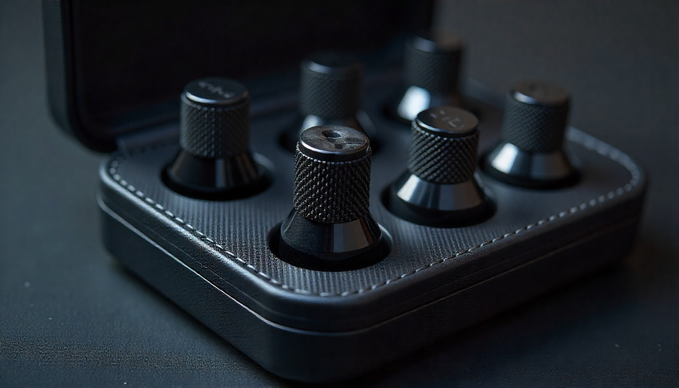 Close-up of spare carbon fiber tire valve caps stored in a premium organizer case with a glossy weave finish and luxury car background
