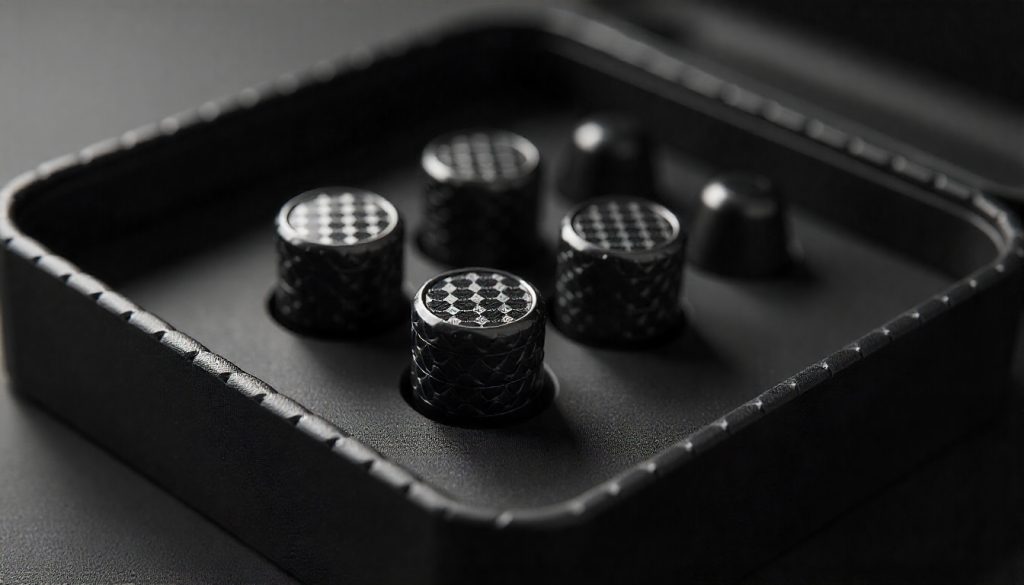 Close-up of spare carbon fiber tire valve caps stored in a premium organizer case with a glossy weave finish and luxury car background