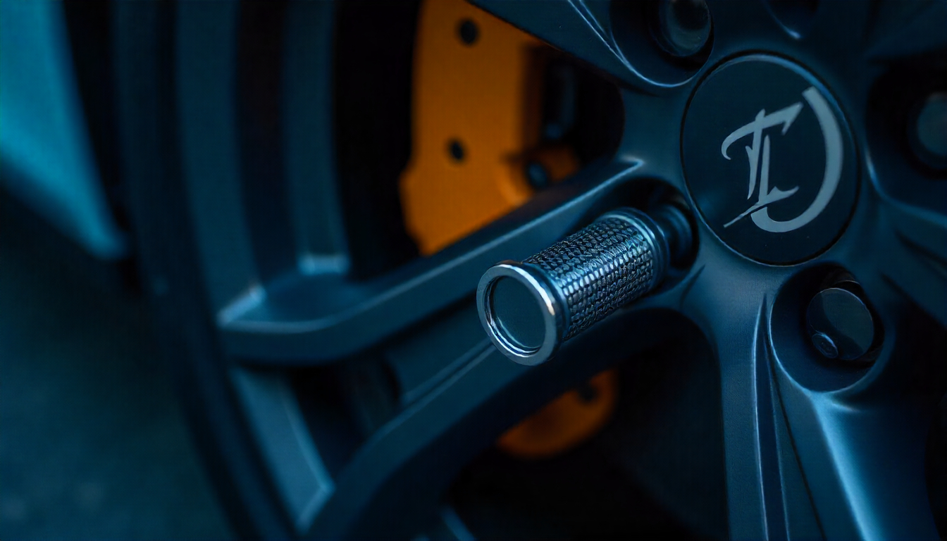 Hand-finished carbon fiber tire valve caps with high-gloss weave pattern on a luxury sports car wheel