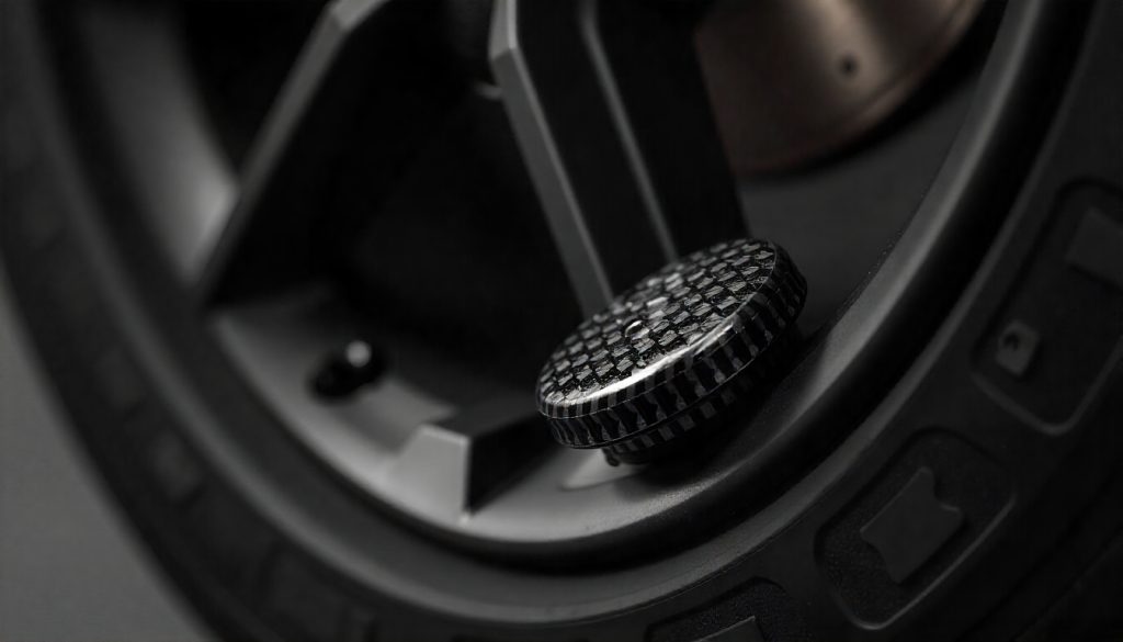 Hand-finished carbon fiber tire valve caps with high-gloss weave pattern on a luxury sports car wheel