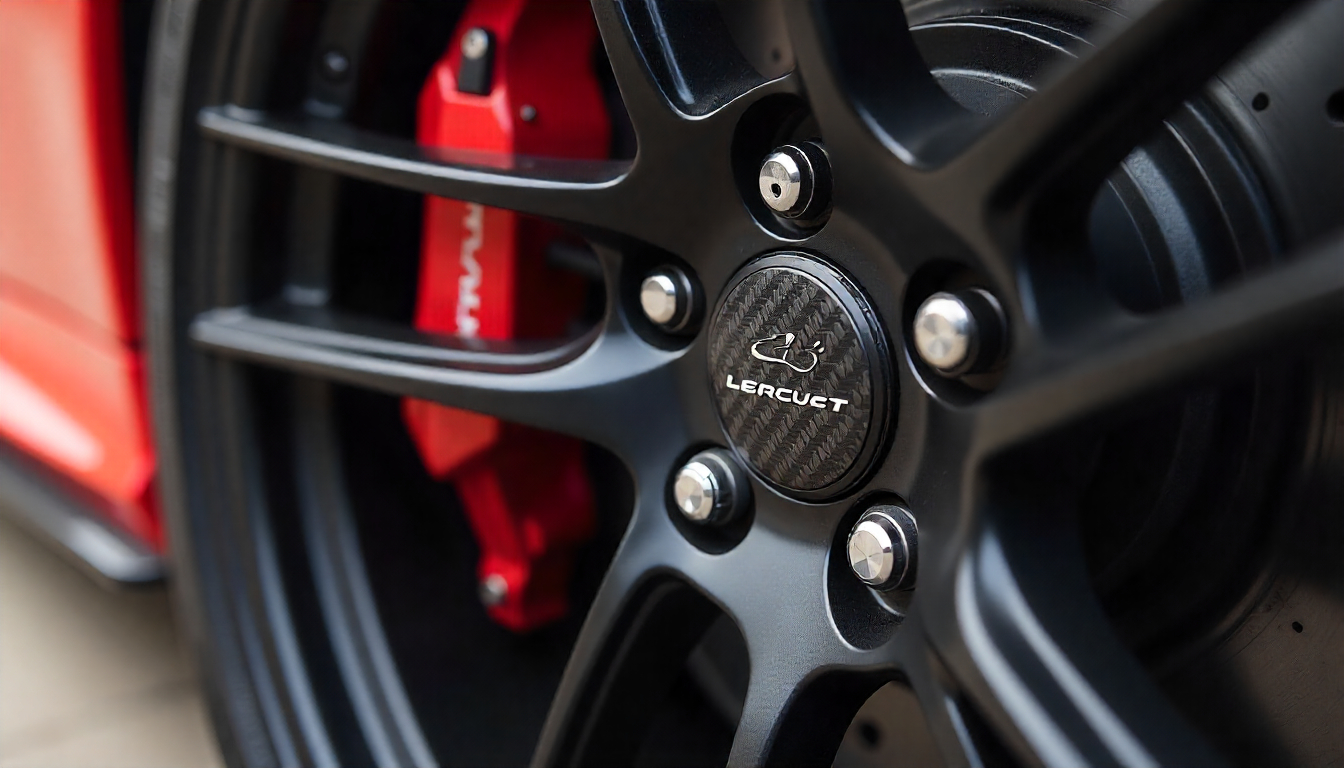 Close-up of carbon fiber tire valve caps on a luxury car wheel, highlighting the glossy carbon fiber texture and premium automotive design.