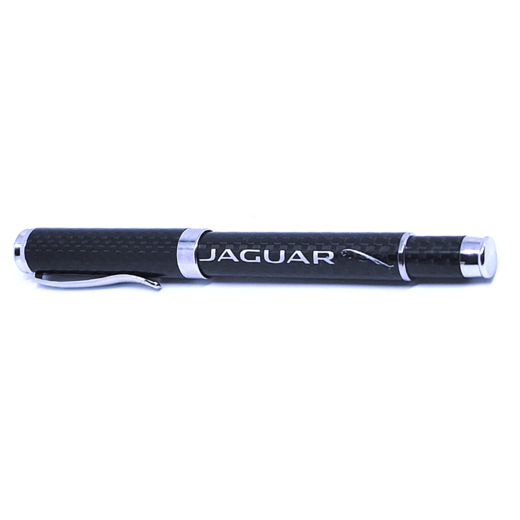 Black Jaguar-branded pen with silver accents on a white background.