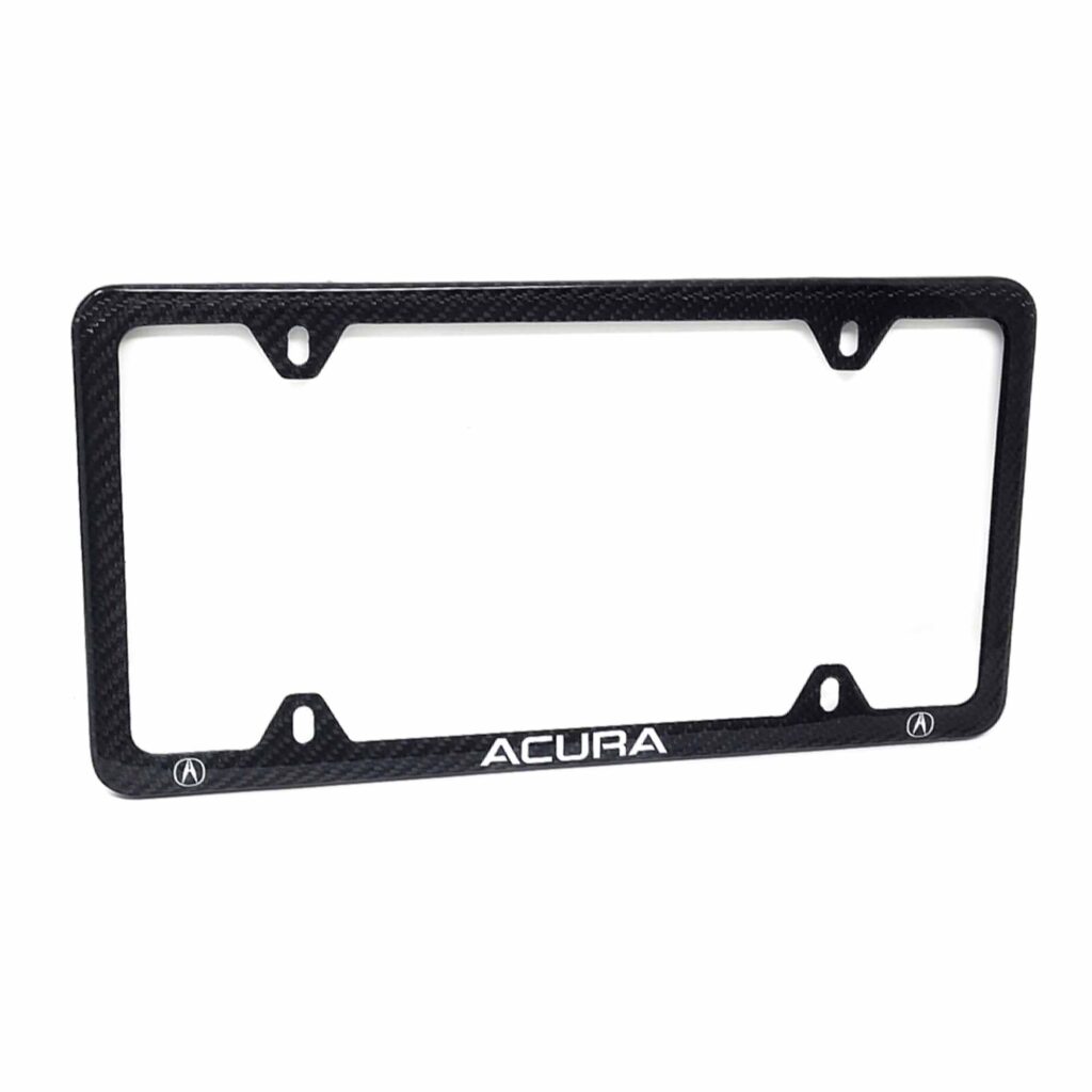 Black Acura license plate frame with white logo.