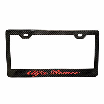 Black Alfa Romeo license plate frame with red logo.