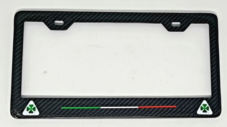 The Alfa Romeo " Quadrifoglio Logo's Only  with Italy Stripe 2 Hole Carbon Fiber Licence Frame