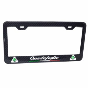 The Alfa Romeo " Quadrifoglio White Text and Logo's  with Italy Stripe 2 Hole Carbon Fiber Licence Frame